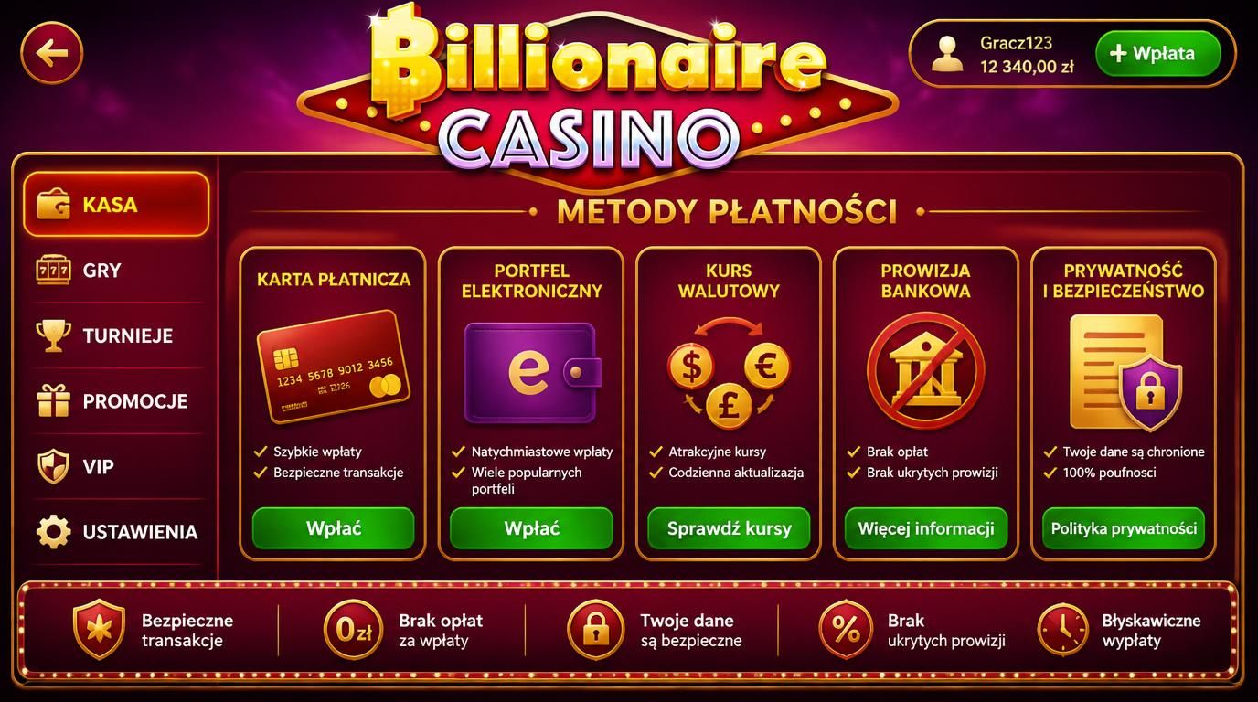 Zdjęcie ilustrujące opłaty depozytów i koszty przewalutowania w Billionaire Casino.