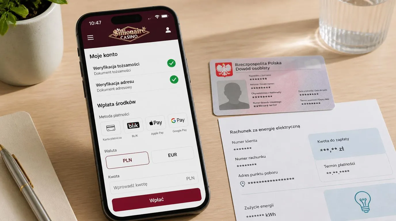 Telefon z potwierdzoną weryfikacją konta i wyborem wpłaty, obok dokument tożsamości z ukrytymi danymi