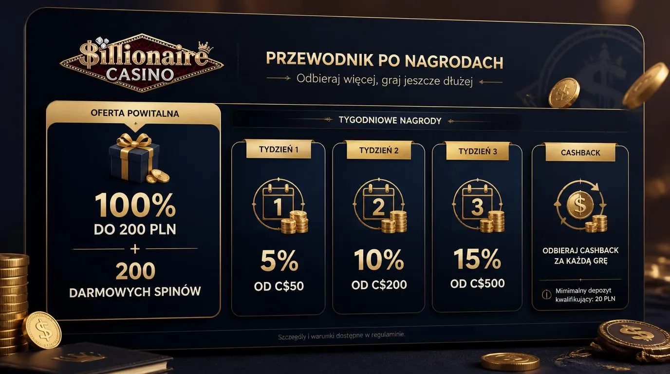 Ekran z ofertą powitalną w PLN i trzema progami nagród tygodniowych w C$