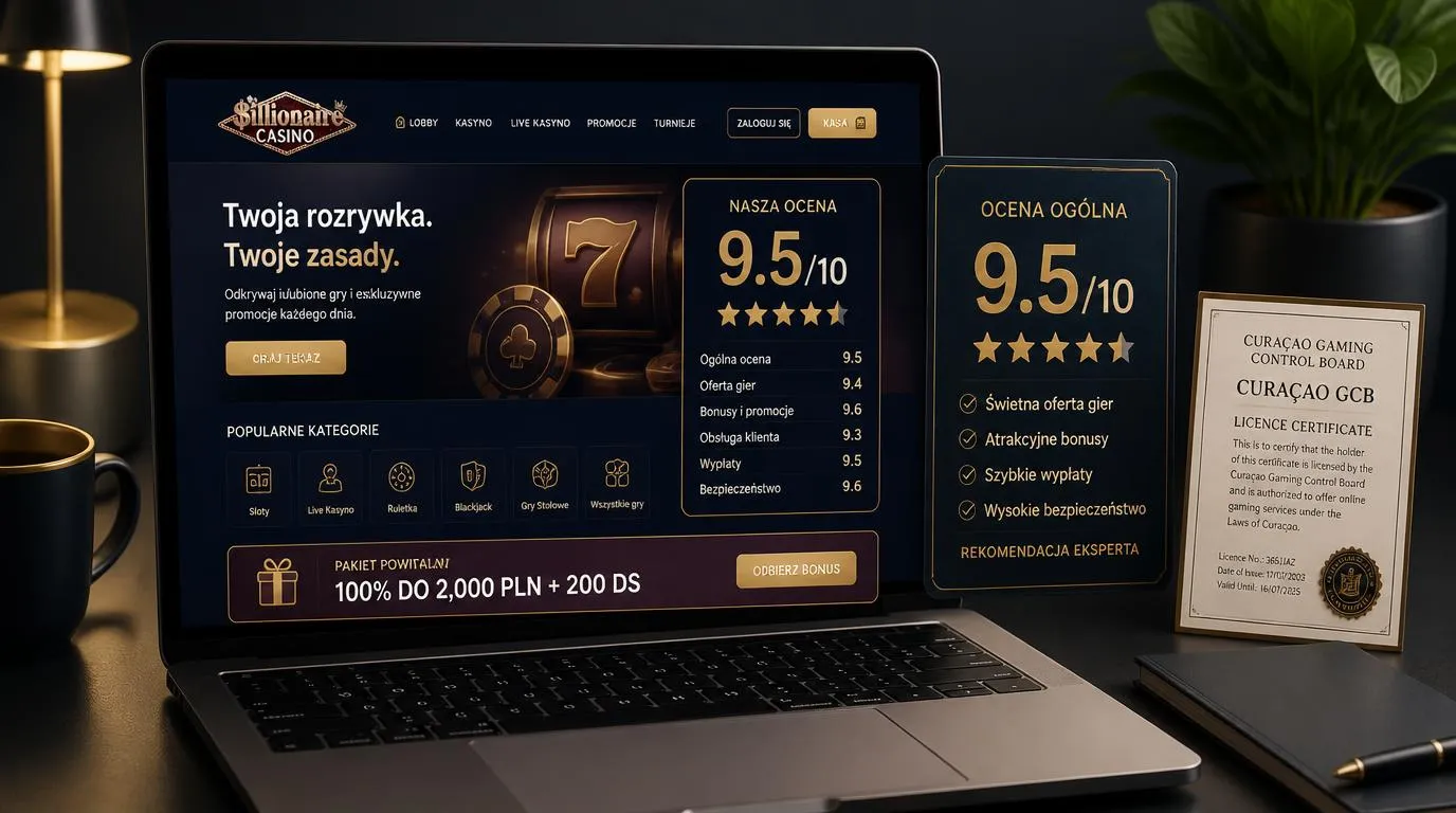 Ekran kasyna z oceną 9,5/10, ofertą powitalną i widocznym przejściem do kasy